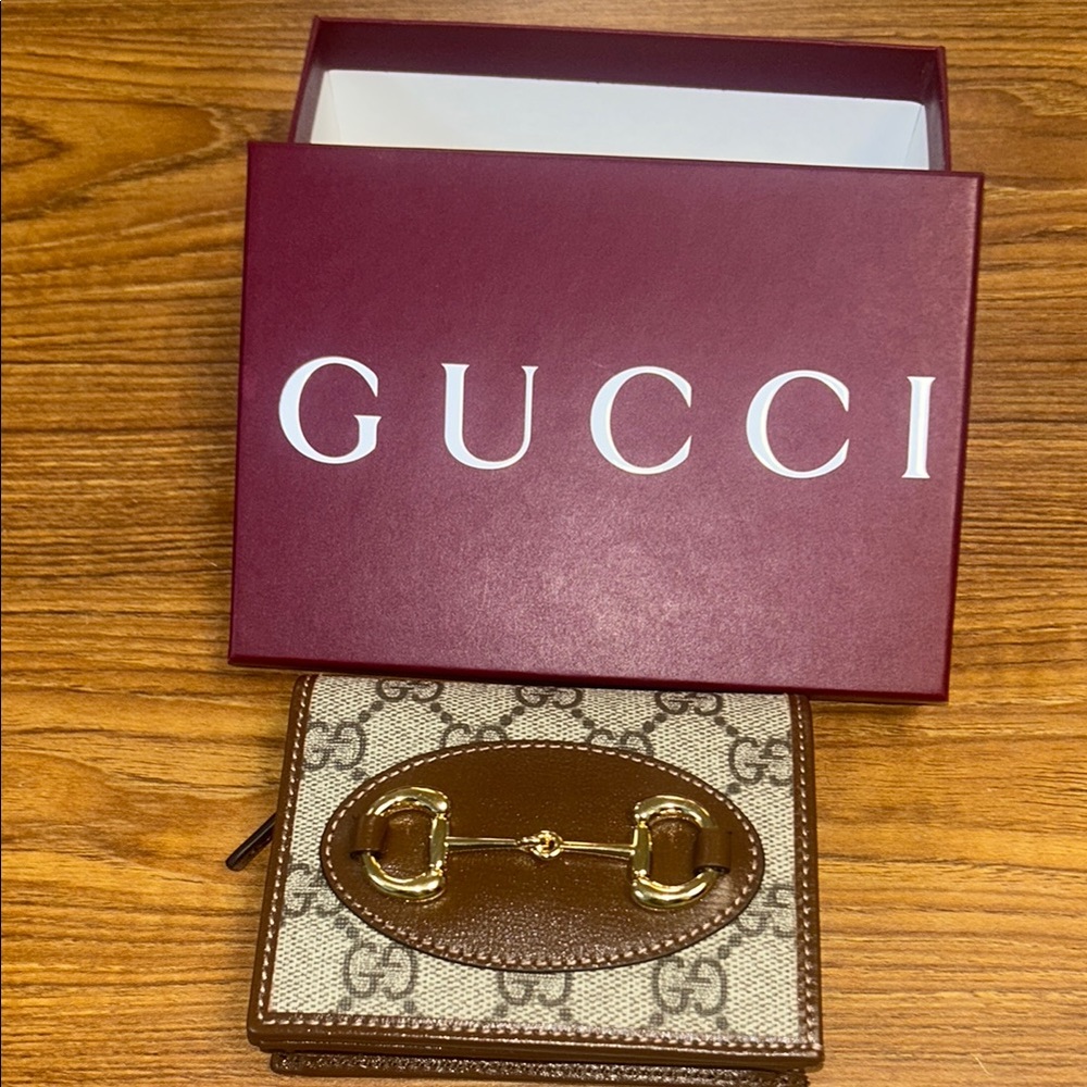 Gucci Brown and Gold Card Holder with Horsebit Detail